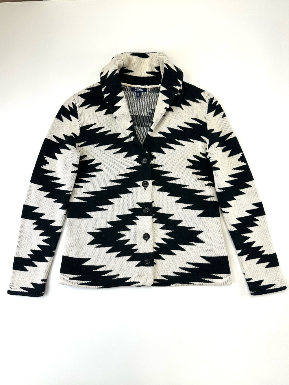 Chaps Womens Black Ivory Aztec Southwest Cotton Cardigan Medium Cabincore